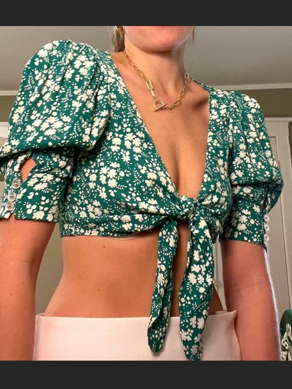 For Love & Lemons Green Floral Puff Sleeve Tie Front Crop Top, Size Small